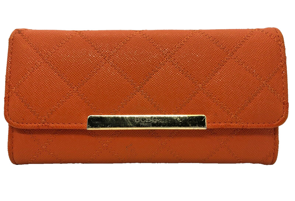 BCBG Paris Wallet Burnt Orange Trifold Clutch Snap Closure Zipper Pocket